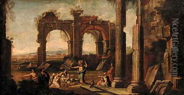 A capriccio of classical ruins with Christ at the Pool of Bethesda Oil Painting - Giovanni Ghisolfi