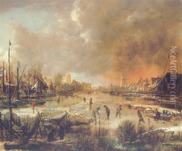 A Winter Landscape With Sportsmen On A Frozen River Oil Painting - Aert van der Neer