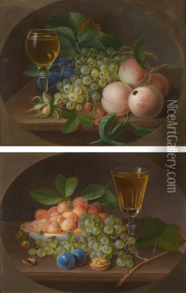 Natures Mortes De Fruits Avec Un Verre De Vin Sur Un Entablement, Dans Un Ovale Peint Oil Painting - George Forster