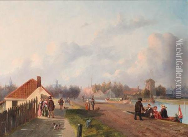 Elegant Company Leaving A Ferry On The Trekvliet, Voorburg Oil Painting - Joseph Bles