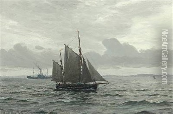 Ships At Sea In Grayish Weather Oil Painting - Christian Benjamin Olsen