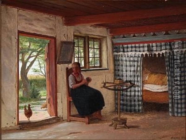 Interior From A Peasant's Cottage With A Young Girl At The Wool Winder, In The Vicinity Of Hedebo Oil Painting - Johann Julius Exner