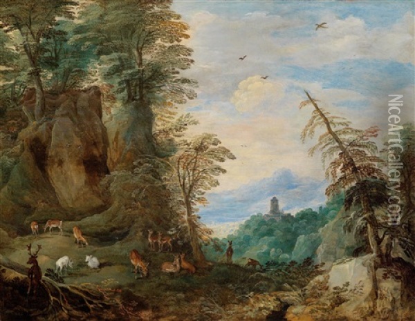 A Wide Mountain Landscape With Red Deer Oil Painting - Joos de Momper the Younger