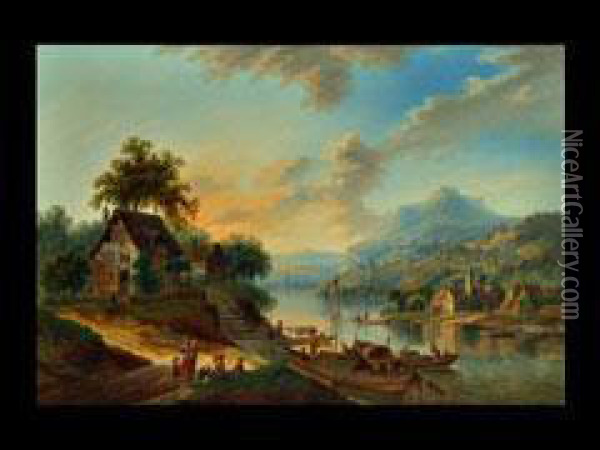 Flusslandschaft Mit Hausern Und Fischerbooten Oil Painting - Franz Hochecker
