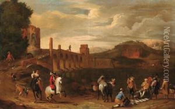 Veduta Ideata Di Ponte Milvio Con Cavalieri E Venditore Di Pesce Oil Painting - Peeter van Bredael
