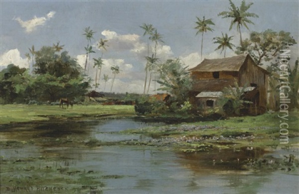 Waterlilies And Palm Trees Oil Painting - David Howard Hitchcock