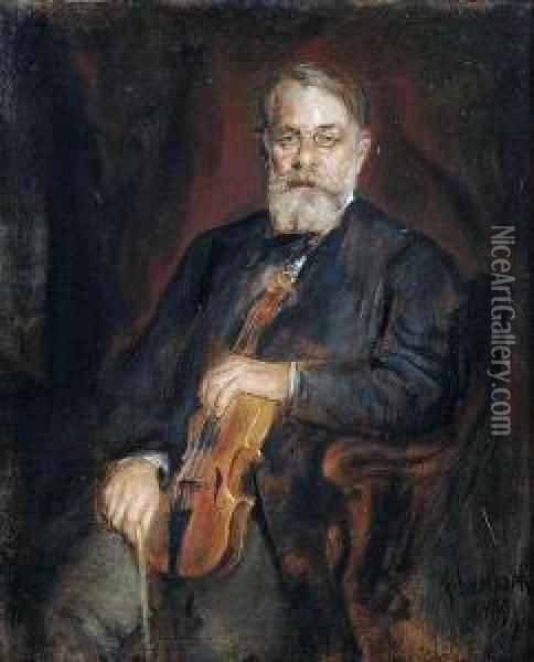 Portrait Of Asitting Violinist, Probably The Virtuoso Joseph Joachim(1831-1907). Oil Painting - Franz von Lenbach
