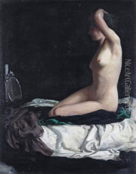 Portrait Of Anude, Kneeling On A Bed Oil Painting - Brake Baldwin
