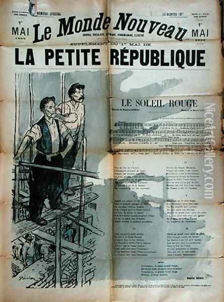 Two Builder workers singing Le Soleil Rouge, front cover of La Petite Republique, 1st May 1896 Oil Painting - Theophile Alexandre Steinlen