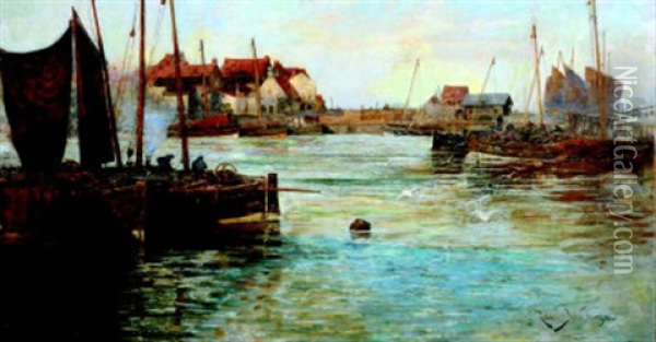 A Busy Fishing Port Oil Painting - R. Wellesley Webster