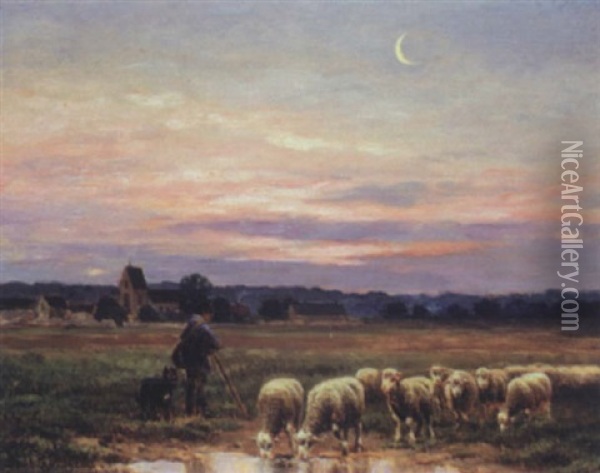 Troupeau De Moutons A L'abreuvoir Oil Painting - Jean Ferdinand Chaigneau