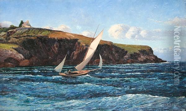 Sailing Yacht Off A Welsh Headland Oil Painting - Warren Williams
