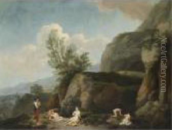 A Mountainous Landscape With 
Nymphs Bathing In The Foreground And A Woman Carrying A Child, Possibly 
The Finding Of Moses Oil Painting - Christian Wilhelm Ernst Dietrich