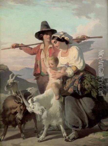 Italienische Hirtenfamilie In Der Campagna, Im Hintergrund Ein Bergdorf Oil Painting - Robert Alexander Hillingford
