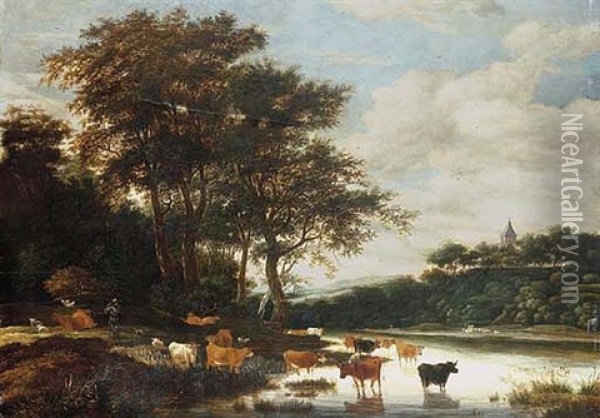 A Wooded Landscape With Cattle Watering Oil Painting - Jacob Salomonsz van Ruysdael
