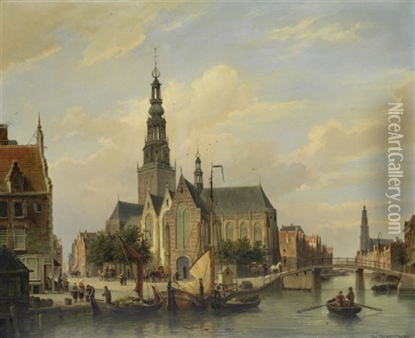 A Dutch Canal Scene Oil Painting - Cornelis Christiaan Dommelshuizen