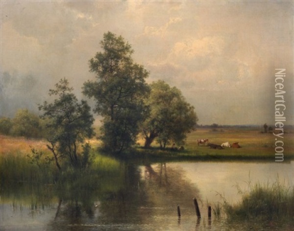 Landschaft Mit Weiher Und Weidevieh Oil Painting - Emil Lugo