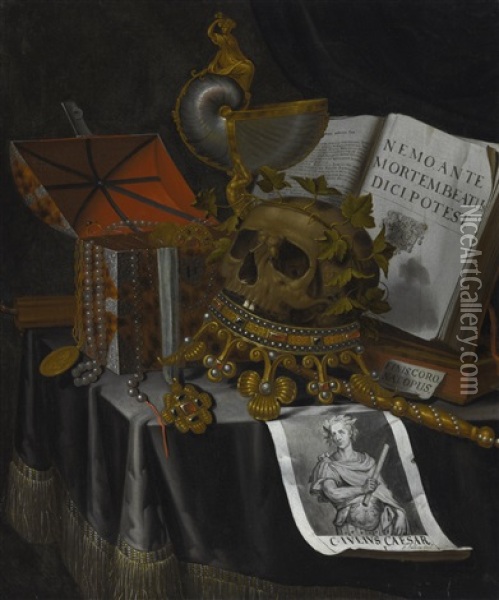 A Vanitas Still Life With A Laurelled Skull Upon An Inverted Crown, A Scepter, A Nautilus Cup, A Jewelry Casket, Books And A Portrait Of Caesar On A Draped Table Oil Painting - Edward Collier