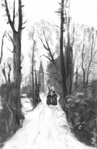 Winterliche Allee Mit Zwei Fauen Und Kirchturm Oil Painting - Paul Virchaux