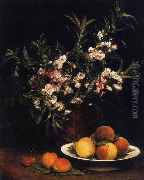 Still Life: Balsimines, Peaches and Apricots Oil Painting - Ignace Henri Jean Fantin-Latour