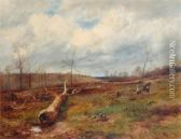 Figures Gathering Wood, Fallen Trees In The Foreground Oil Painting - David Bates