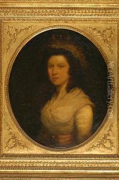 A Portrait Of A Lady, A Member 
Of The Walpole Family, With Lace Day Cap On Her Auburn Hair And Wearing A
 White Gown With Pink Sash Oil Painting - Francis Alleyne