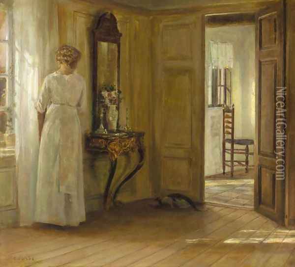 Interior with a Lady and a Cat (Interieur med kvinde og kat) Oil Painting - Carl Holsøe