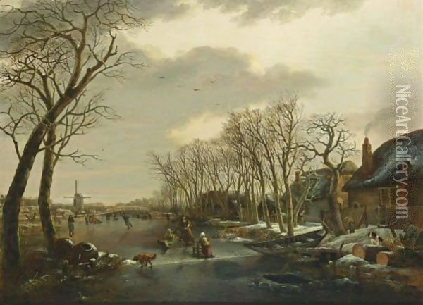 A Winter Landscape With A Woman Skating Behind A Sledge, A Girl Skating With A Chair, And Other Figures Skating And A Dog On A Frozen Canal Near A Village With A Mill Beyond Oil Painting - Arnoldus Van Well