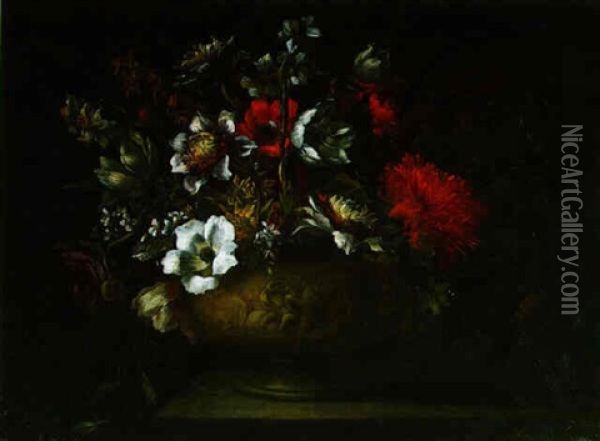 Blumenstrauss In Einer Reliefierten Steinvase Oil Painting - Antoine Monnoyer