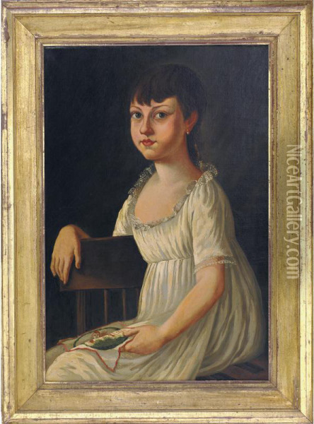 A Portrait Of A Pretty Dark Haired Young Girl Seated With Embroidered Picture Oil Painting - Michele Felice Corne
