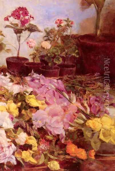 Still Life With Flower Pots And Cut Flowers Oil Painting - Giovanni Sottocornola