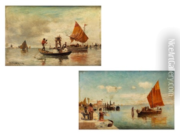 Italienische Uferszene (+ Schiffszene; Pair) Oil Painting - Heinrich Rasch