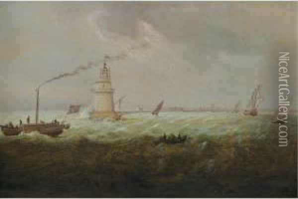 A Steam Powered Tug And Another Small Boat Sailing Past Poolbeg Lighthouse, Dublin Bay Oil Painting - William II Sadler