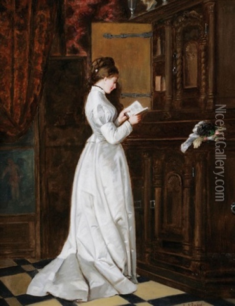 Lady Reading In An Interior Oil Painting - Johannes Klaus