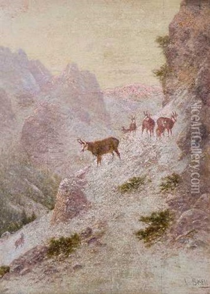 Hirsche (+ Gemsen Im Gebirge; 2 Works) Oil Painting - Ludwig Skell