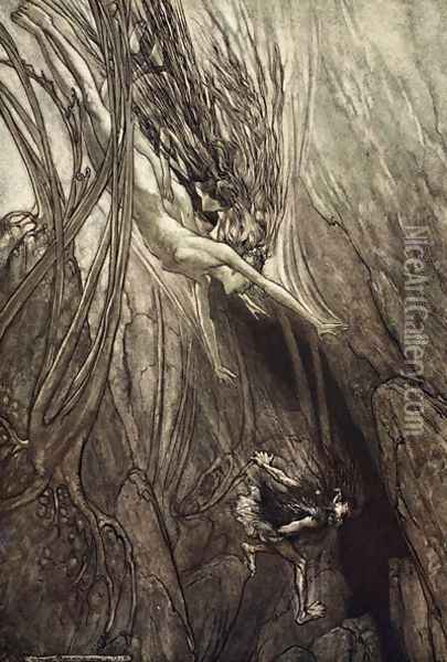 Seize the despoiler Rescue the Gold Help Us Help Us Woe Woe, illustration from The Rhinegold and the Valkyrie, 1910 Oil Painting - Arthur Rackham