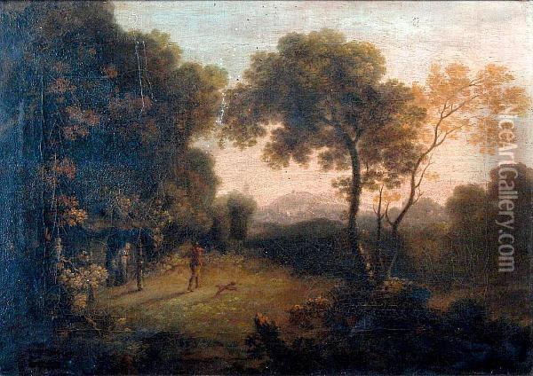Wooded Landscape With Figures And Dog Outside A Cottage, A Town Visible In The Distance Oil Painting - George, of Chichester Smith