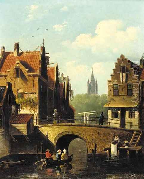 Figures rowing on a Dutch canal Oil Painting - Johannes Franciscus Spohler
