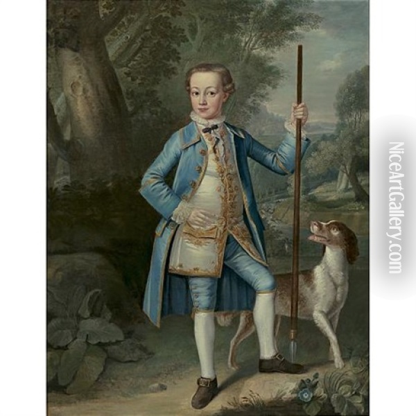 Portrait Of A Young Boy And His Dog, A Landscape Beyond Oil Painting - Bartholomew Dandridge