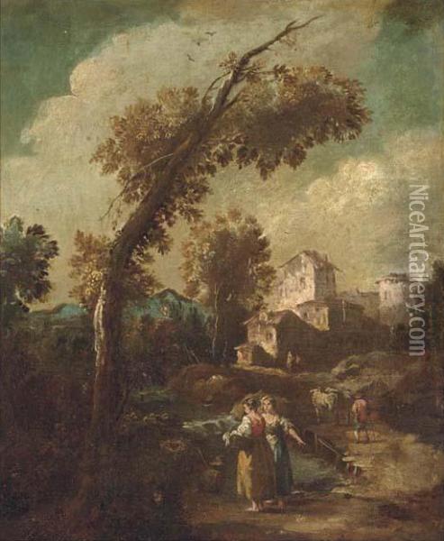 A River Landscape With Washerwomen And Herdsmen, A Townbeyond Oil Painting - Giuseppe Zais