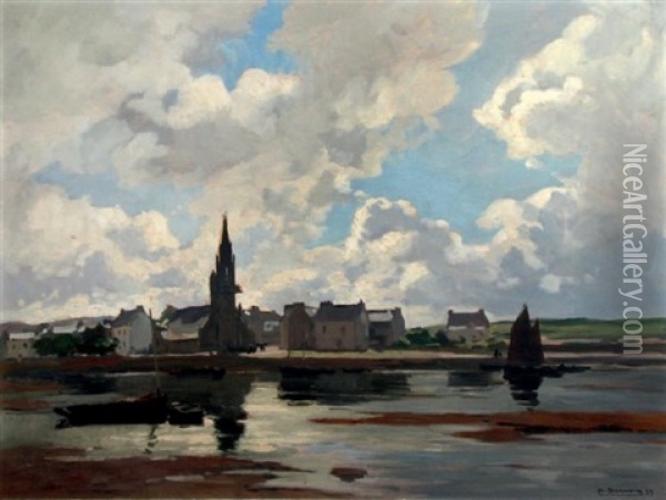 Vue Du Village De L'hopital Camfrout (finistere) Oil Painting - Henri Alphonse Barnoin
