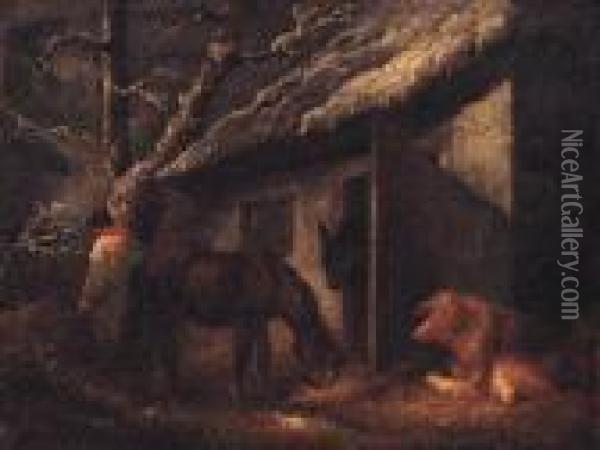 A Winter Stable Oil Painting - George Morland