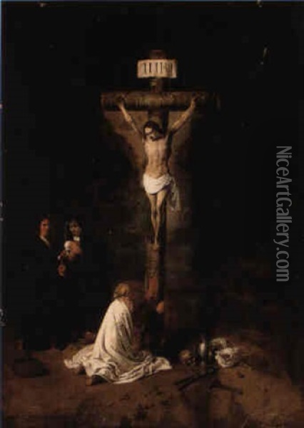 The Magdalen At The Foot Of The Cross With The Madonna And A Donor Oil Painting - Ferdinand Bol