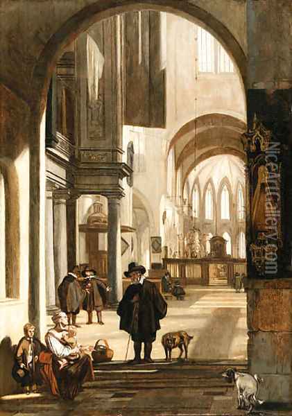 The Interior of a Gothic Church, looking down the Aisle to the Choir, with a Family begging for Alms Oil Painting - Emanuel de Witte