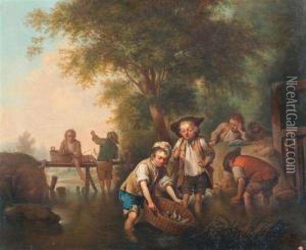 Boys Angling At The River. Oil Painting - Joseph Conrad Seekatz