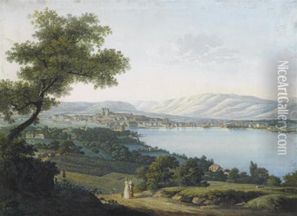 View Of Geneva And The Lake Of Geneva Oil Painting - Jean Antoine Linck
