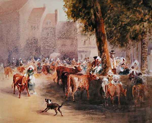 Early Morning in the Village Cattle Market Oil Painting - William Hunt