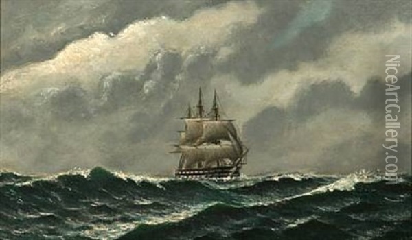 Seascape With A Warship Oil Painting - Carl Ludwig Bille