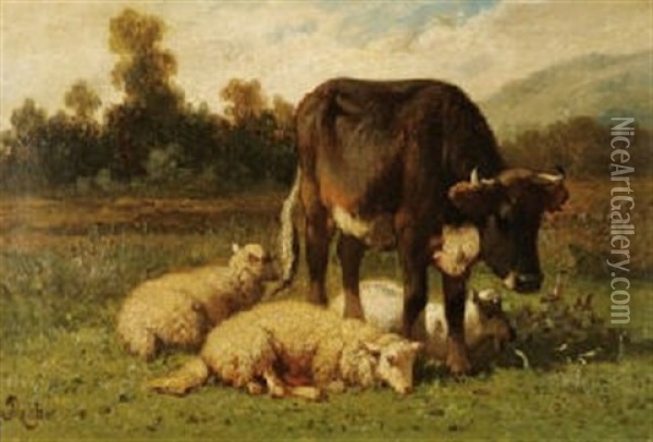 Vache Et Trois Moutons En Paturage Oil Painting - Louis Robbe