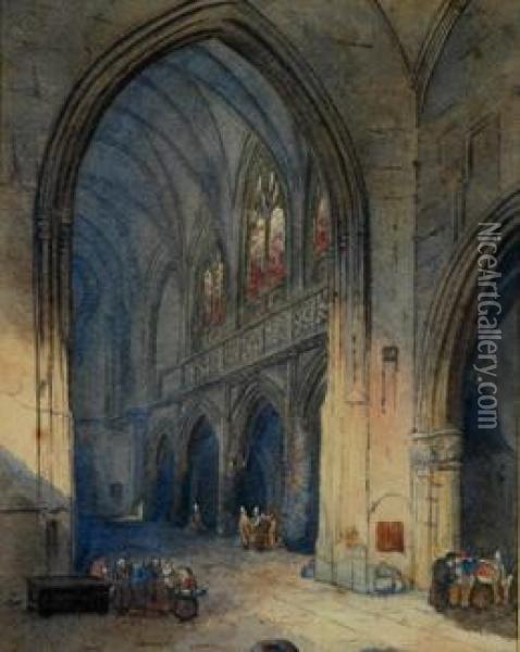English Cathedral Interior Oil Painting - Samuel Prout